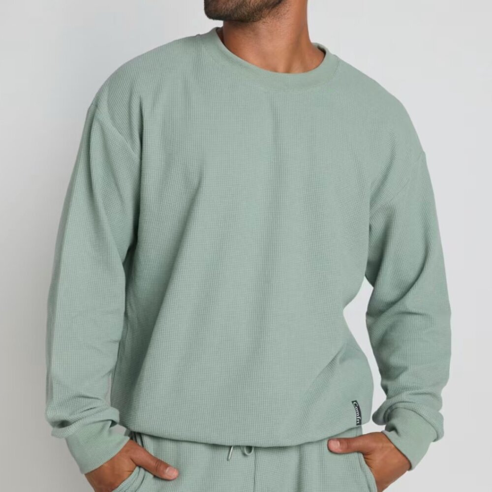 Comfrt Unisex Sage Green Oversized Crewneck Waffle Long Sleeve Top Size Small